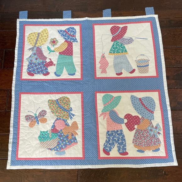 Sunbonnet Sue Baby Quilt Vtg Handmade Nursery Crib Blanket Hanging Panel Blocks